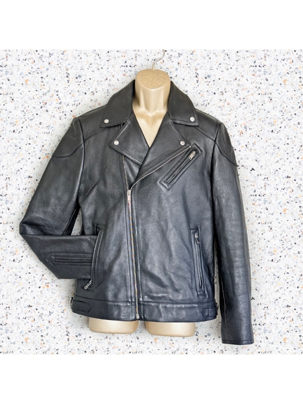 REISS Mimo Men's Black Leather Moto Biker Jacket Size M Double Rider Asymmetric
